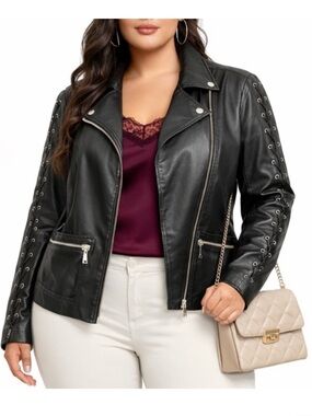 bebe Black faux Leather Moto Jacket with Silver Details XL